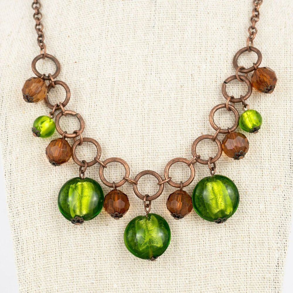 Green Antique Gold Tone Brown Beaded Necklace Glass Plastic Statement Earthy Bib